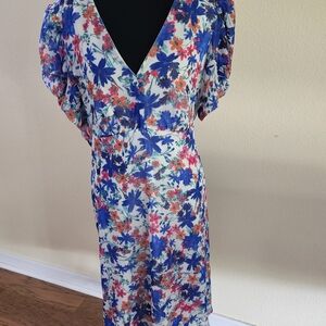 Calvin Klein Blue and Pink Puff Sleeve Midi Dress Size 16